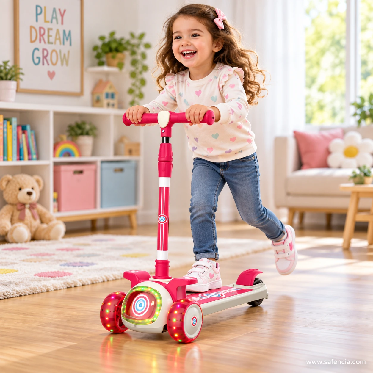 Smiling girl riding the pink-red glowing target kids scooty across a playroom