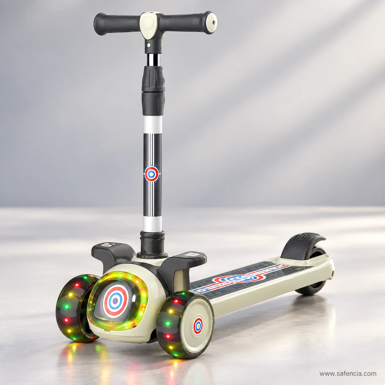 Black and cream glowing target kids scooty on a grey floor with the target light and wheels lit