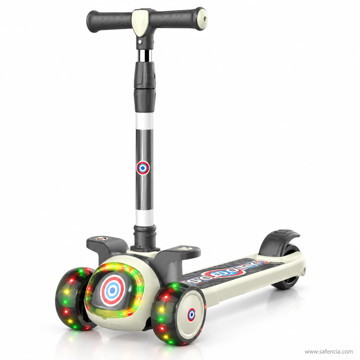 Black and cream kids scooty with a glowing target light between two curved wheel wings