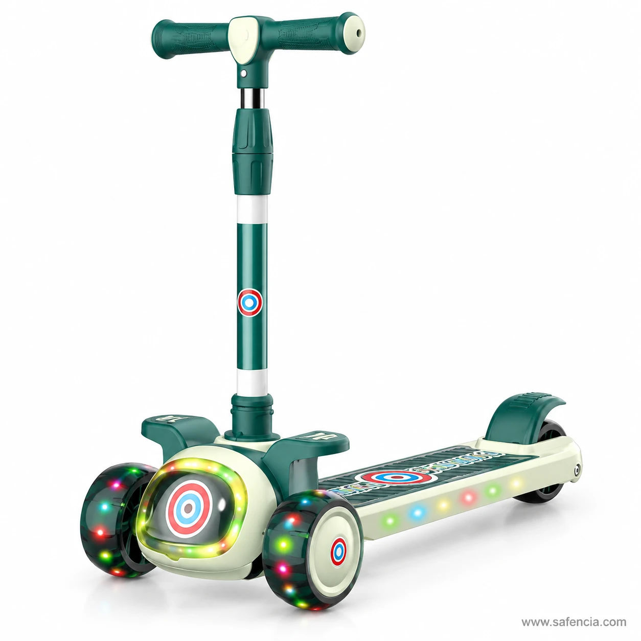 Bottle green and cream kids scooty with the round target light and lit front wheels