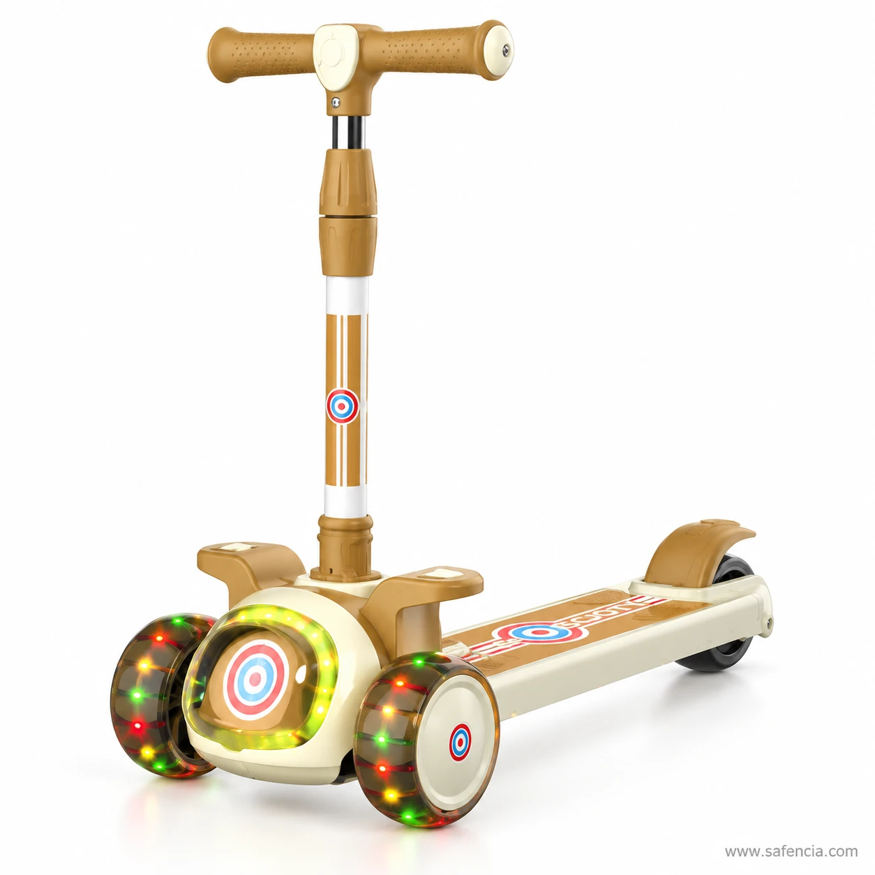 Champagne gold and cream kids scooty with the round target light on the front