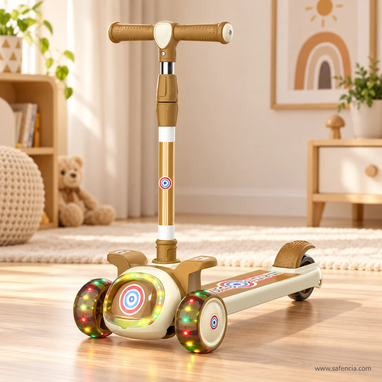 Champagne gold glowing target kids scooty in a warm bedroom with a teddy bear