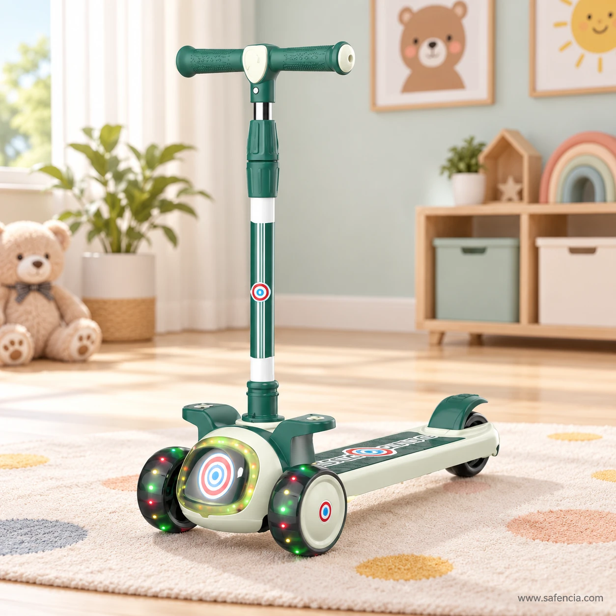 Green glowing target kids scooty standing on a rug in a playroom with shelves and a teddy