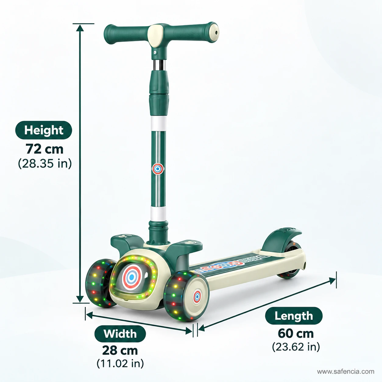 Size chart of the glowing target kids scooty: 72 cm height, 28 cm width and 60 cm length