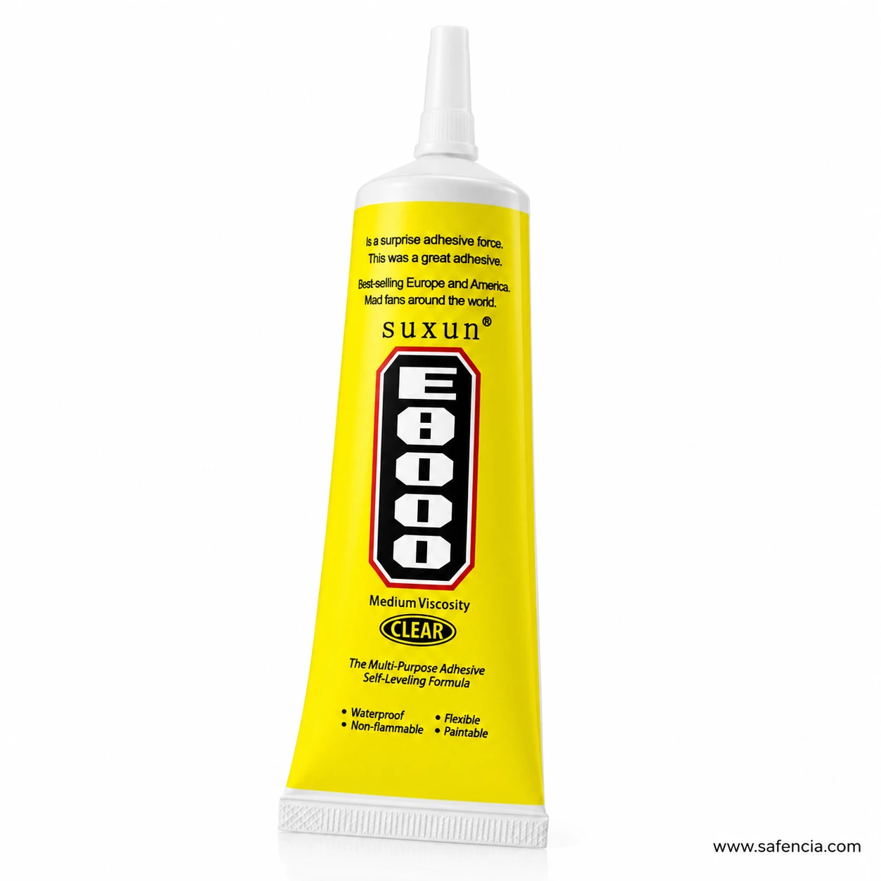 E8000 tube showing the self-levelling formula wording and claim bullets