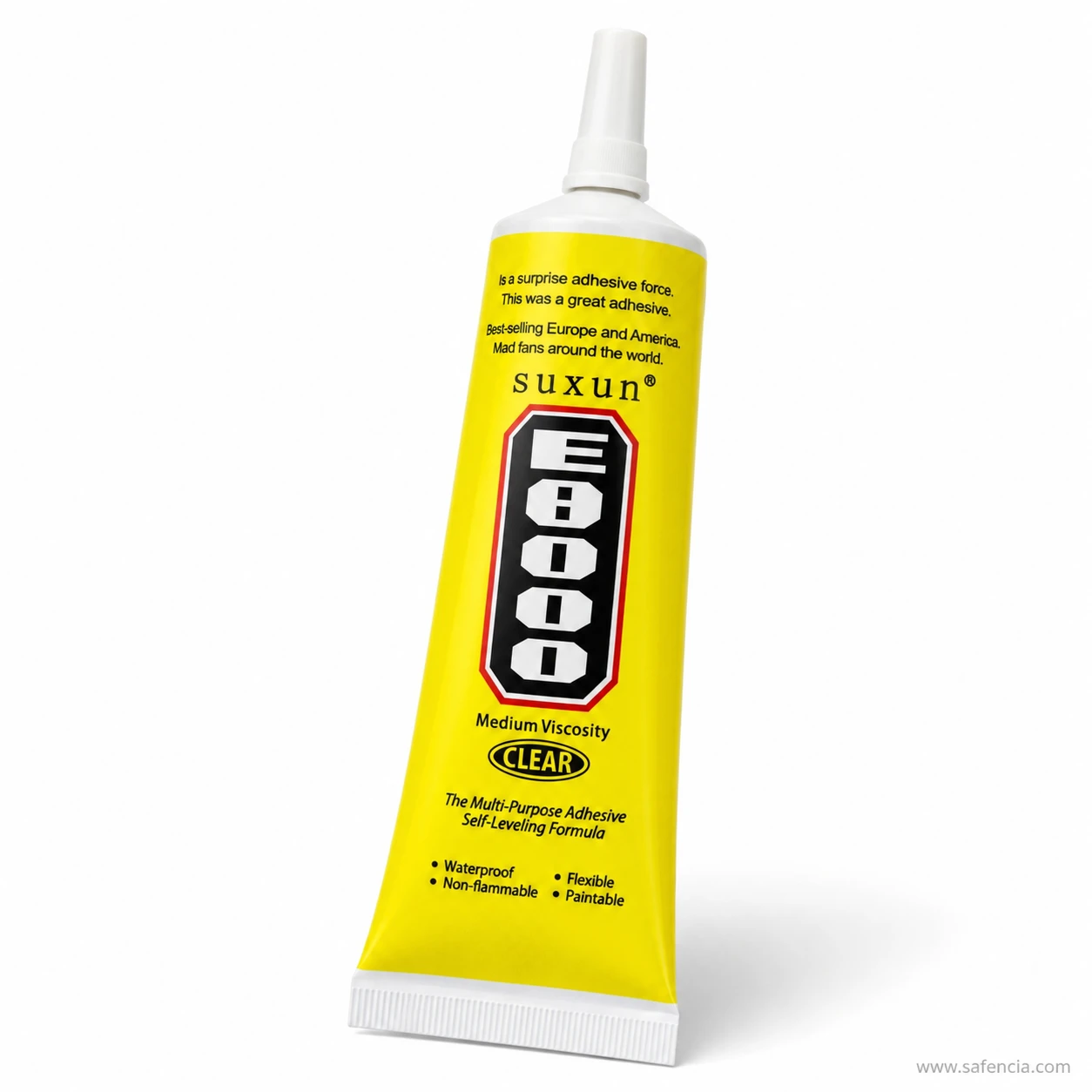 Angled view of the E8000 adhesive tube showing its long needle tip