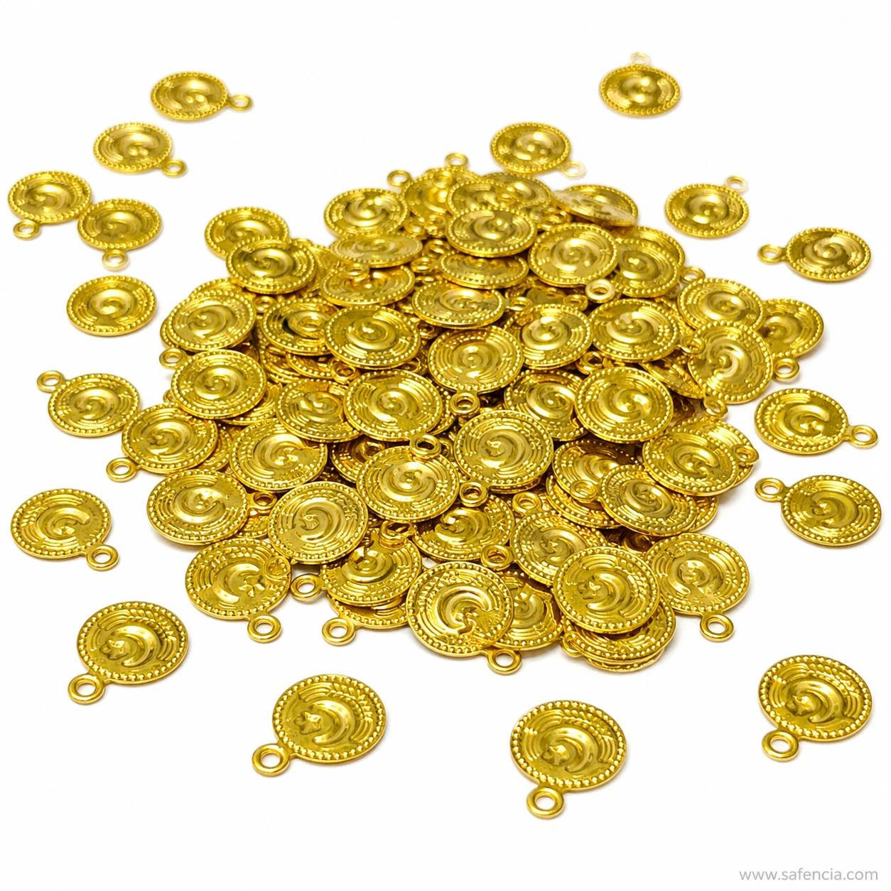 Wide scatter of gold-tone swirl charm connectors showing the loop on every piece