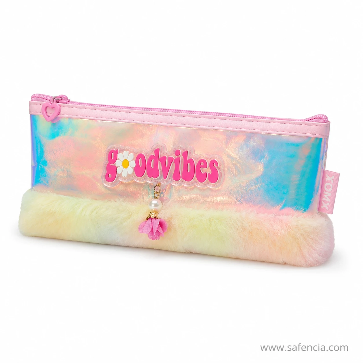Goodvibes pencil pouch showing the holographic film shifting colour