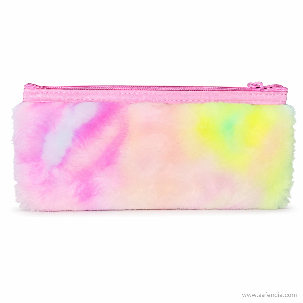 Close view of the pastel rainbow faux fur band on the pencil pouch