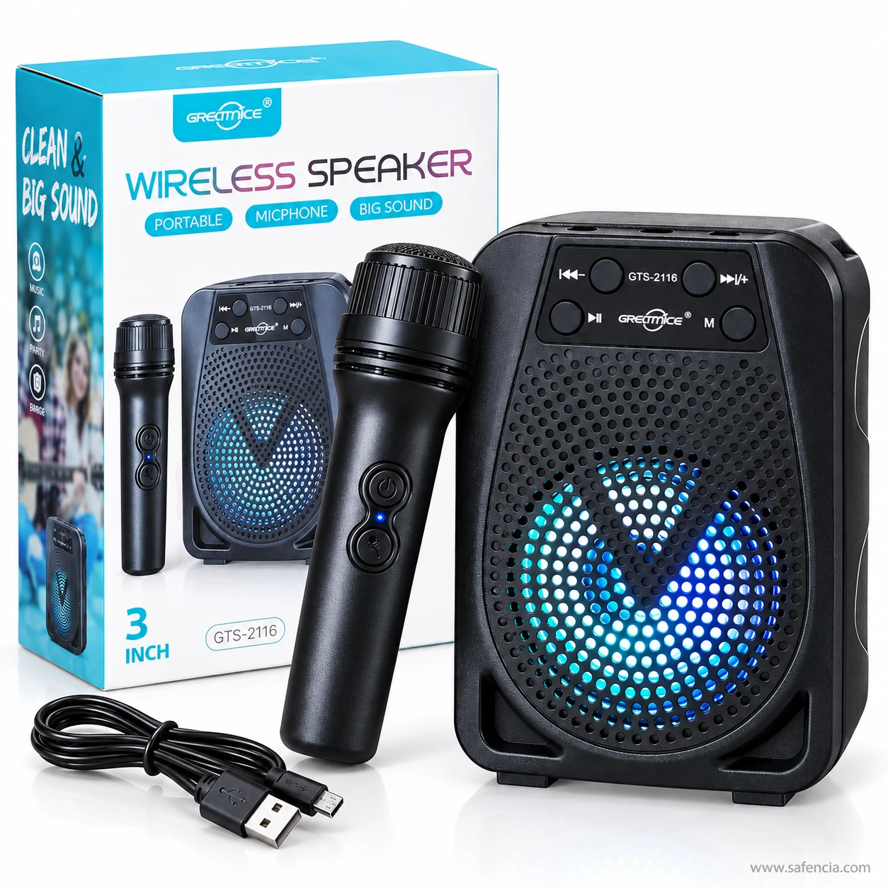 GTS-2116 wireless microphone leaning against the black speaker, with the box and USB cable on a white background