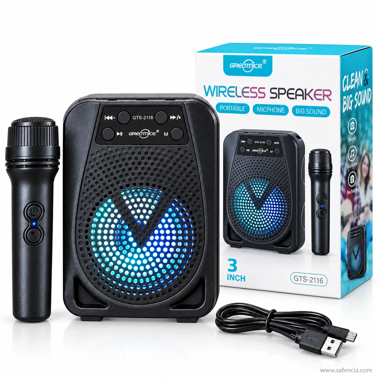 GTS-2116 speaker and microphone standing to the left of their box, with the coiled USB charging cable in front