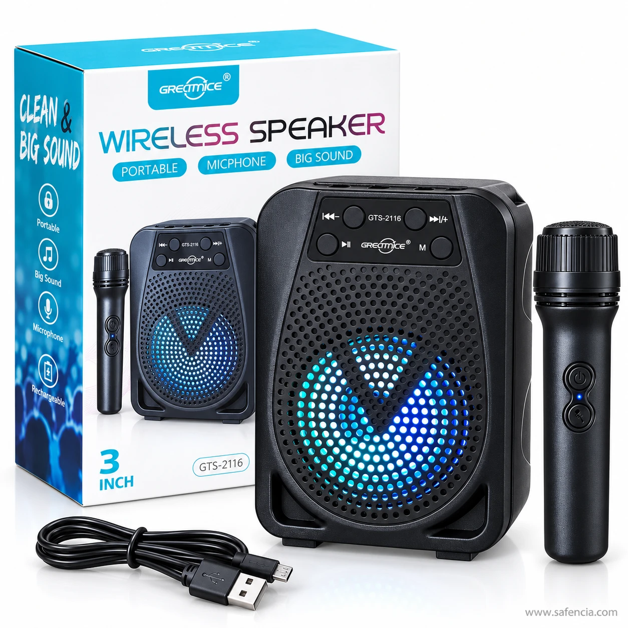 Front of the GTS-2116 wireless speaker box marked portable, microphone and big sound, with a 3 inch label