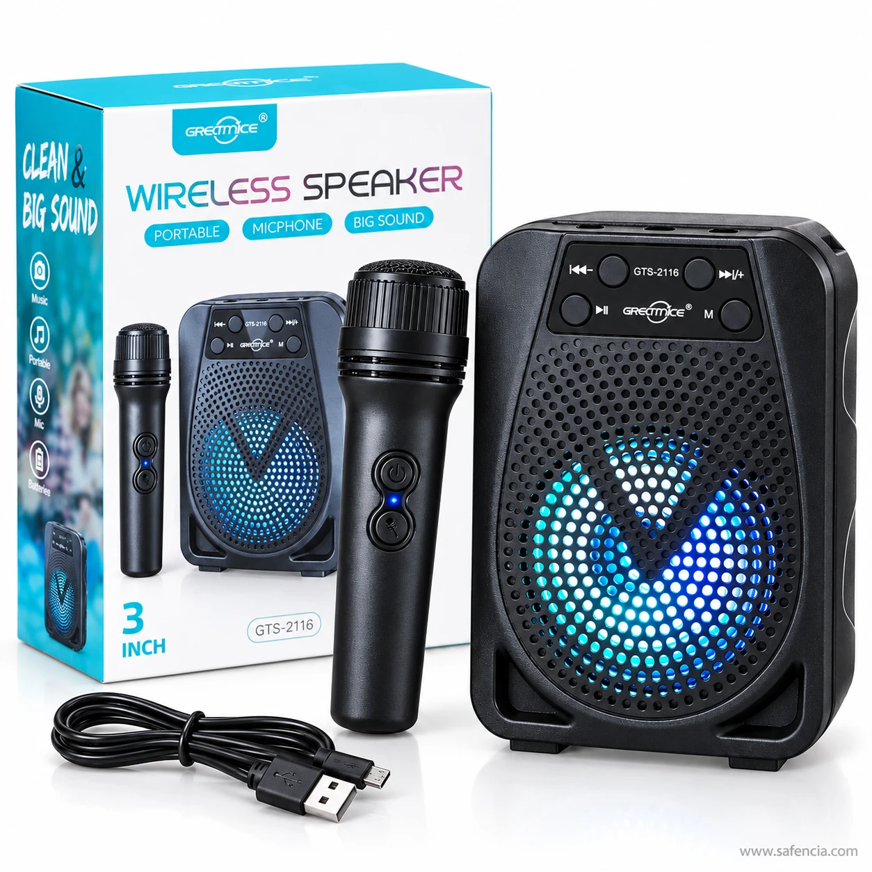 GTS-2116 speaker and microphone beside the blue and white box listing portable, big sound, microphone and rechargeable