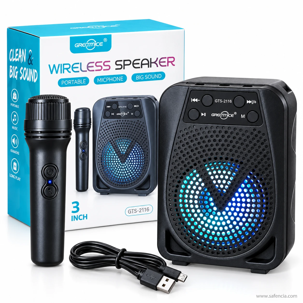 GTS-2116 wireless speaker standing beside its black handheld microphone with a coiled USB charging cable in front