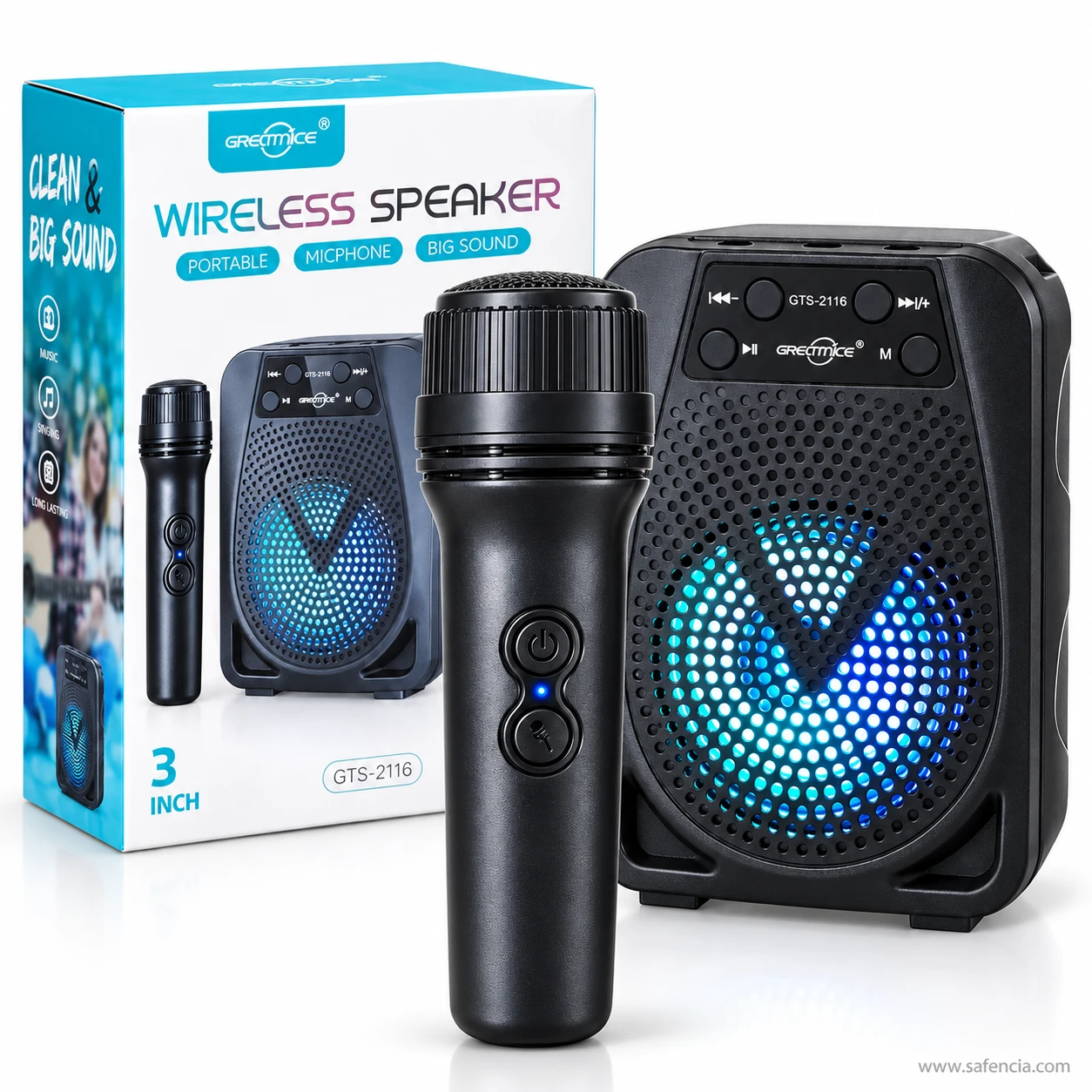 GTS-2116 handheld microphone held upright in front of the speaker, with its blue indicator light and buttons visible