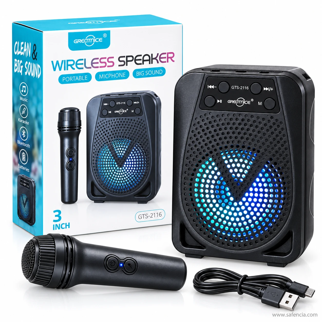 Black wireless microphone of the GTS-2116 lying on its side in front of the speaker, showing its two control buttons