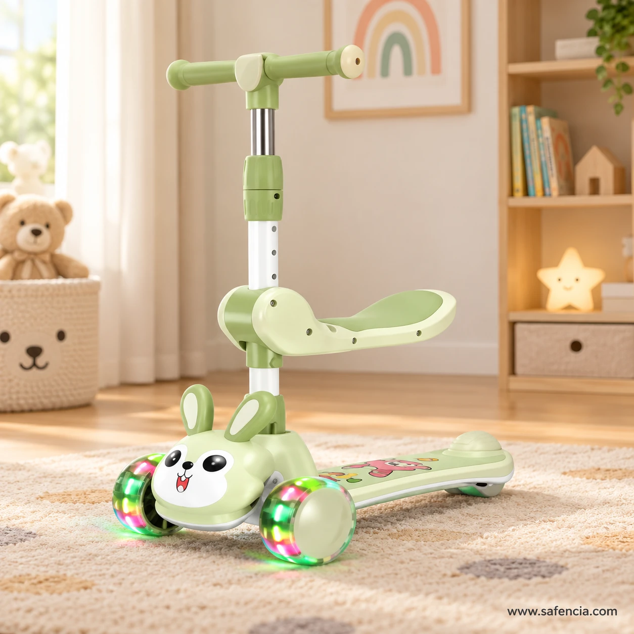 Green bunny kids scooty with seat standing on a rug in a bright playroom with a teddy bear