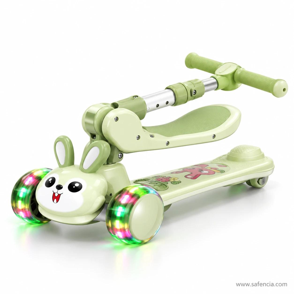 Low angle of the green bunny kids scooty showing the bunny ears, the seat and both lit front wheels