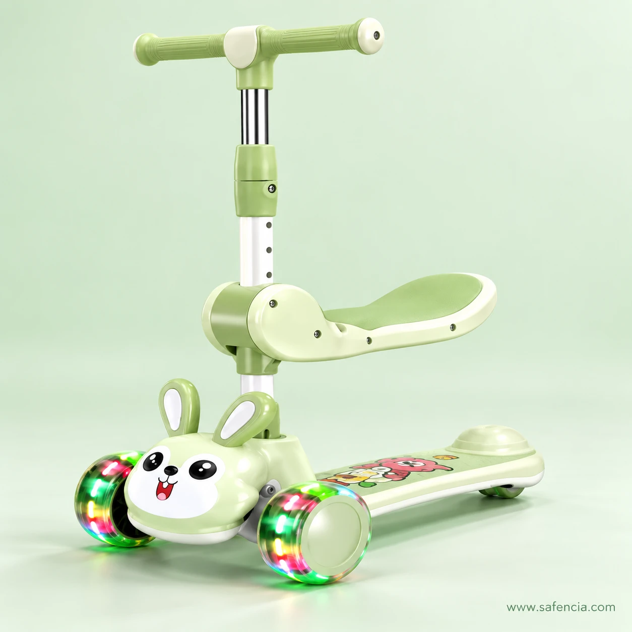 Green bunny kids scooty with seat on a soft green background with its wheels glowing