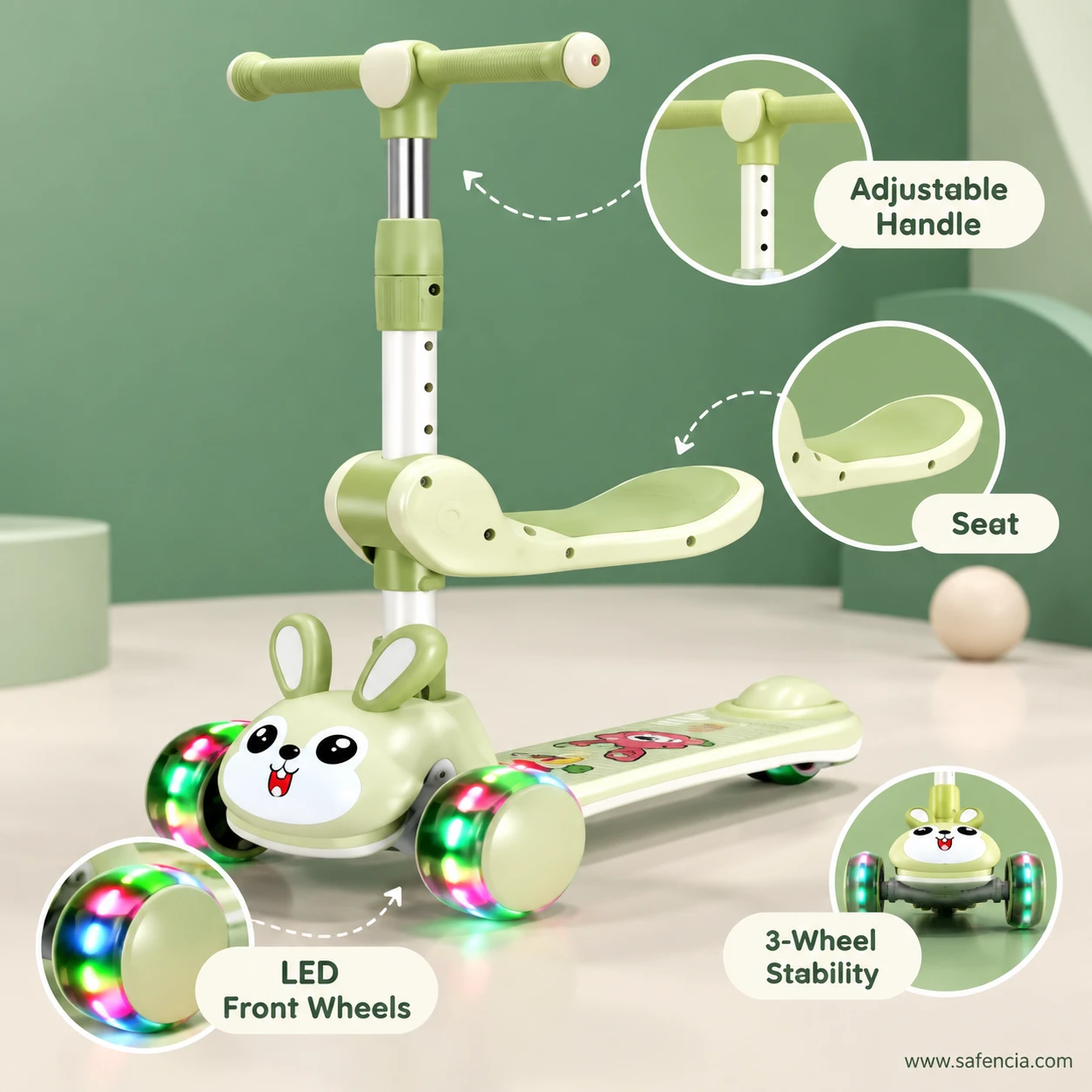 Feature panel of the green bunny kids scooty: adjustable handle, seat, LED front wheels and three-wheel base