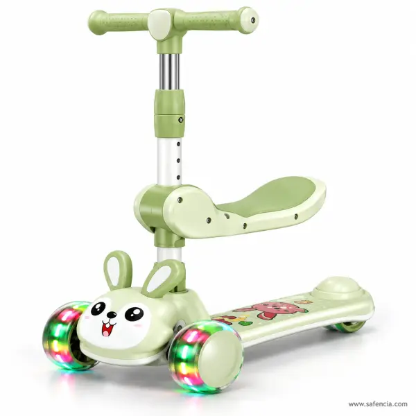 Green Bunny Kids Scooty with Folding, Removable Seat and Light-Up Wheels