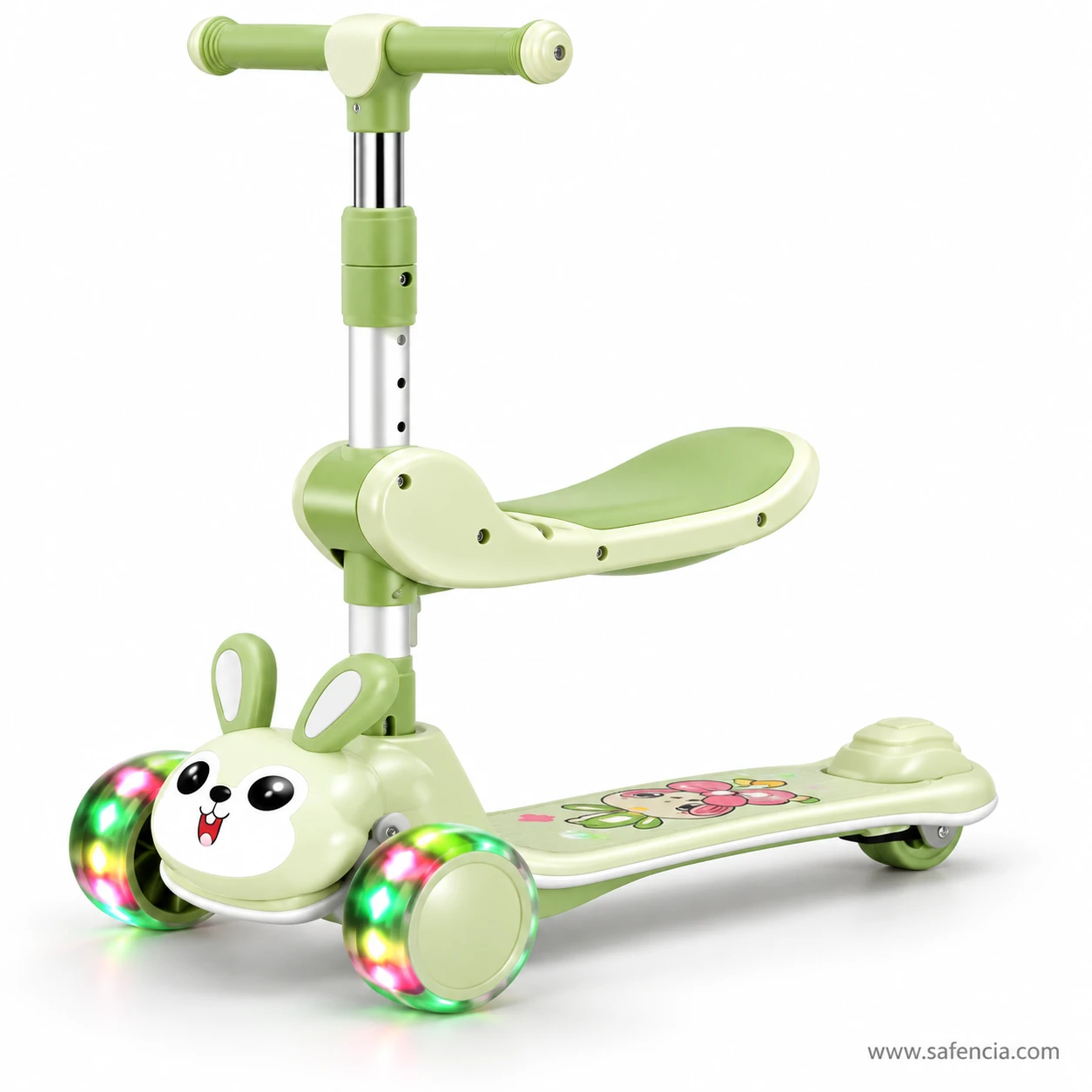 Sage-green bunny kids scooty with seat seen from the side, showing the seat above the deck