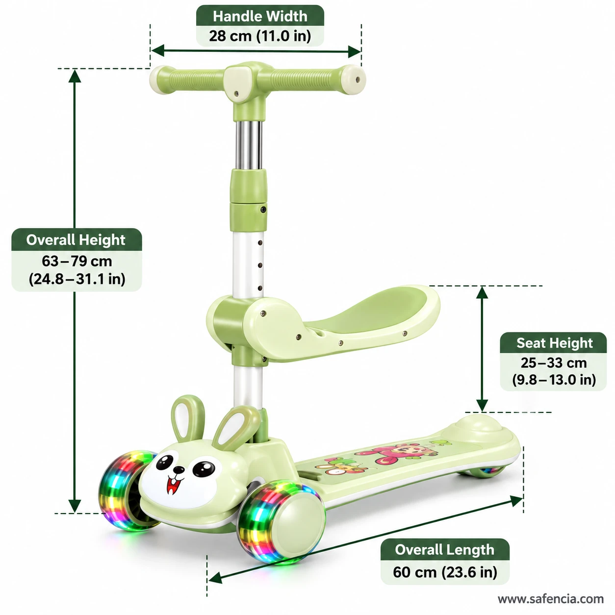 Size chart of the green bunny kids scooty: 63-79 cm height, 25-33 cm seat, 28 cm handle, 60 cm length