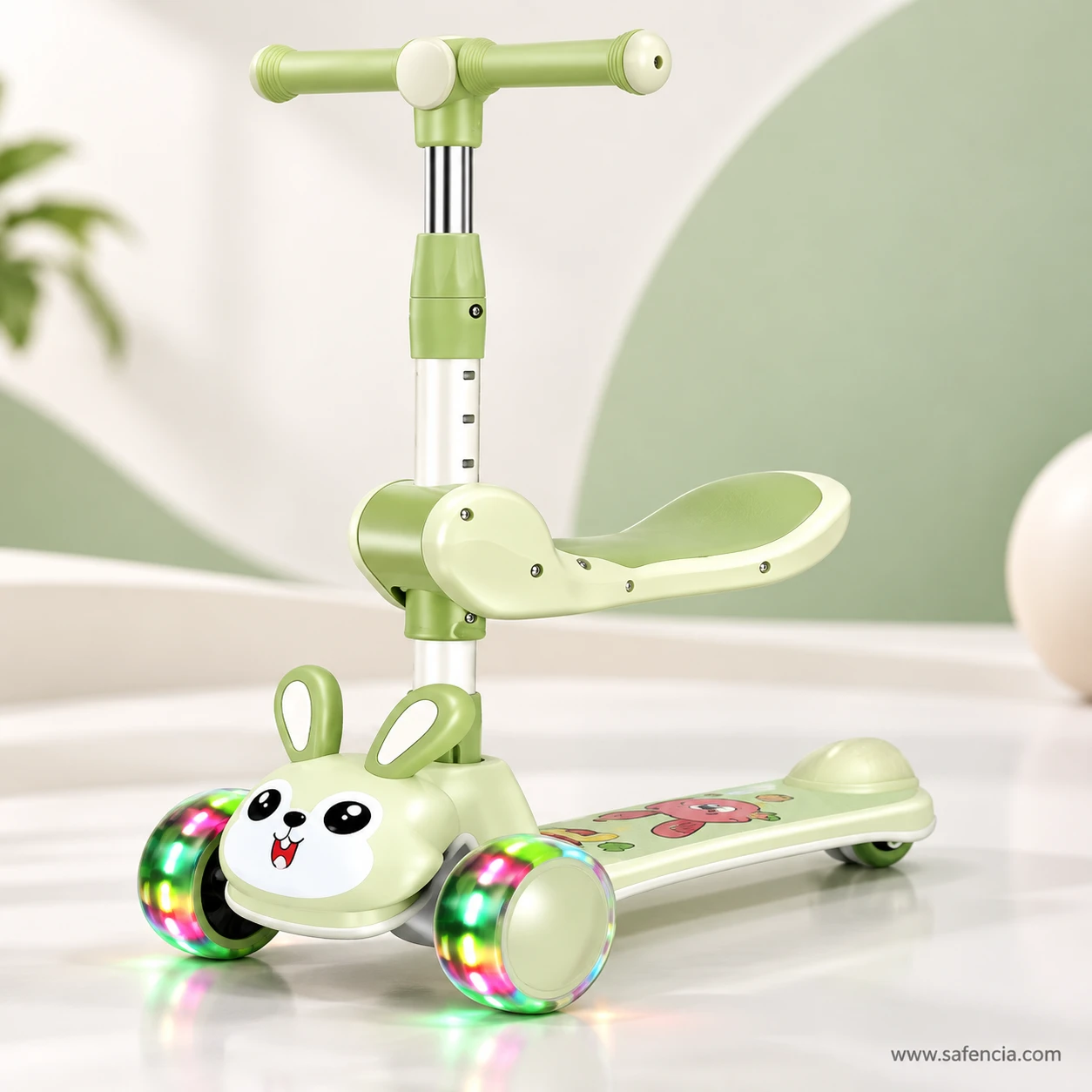 Green bunny kids scooty with seat in a soft green room with its front wheels lit