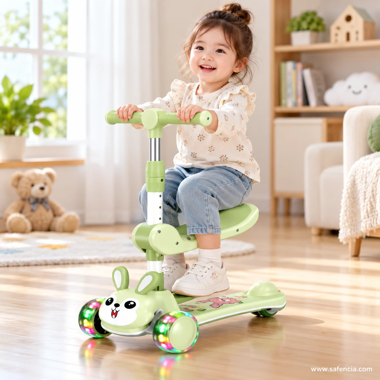 Smiling toddler sitting on the seat of the green bunny kids scooty and holding the handlebar