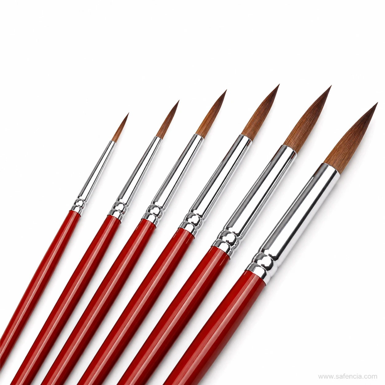 Six Habico Sablon round brushes showing the point on each size