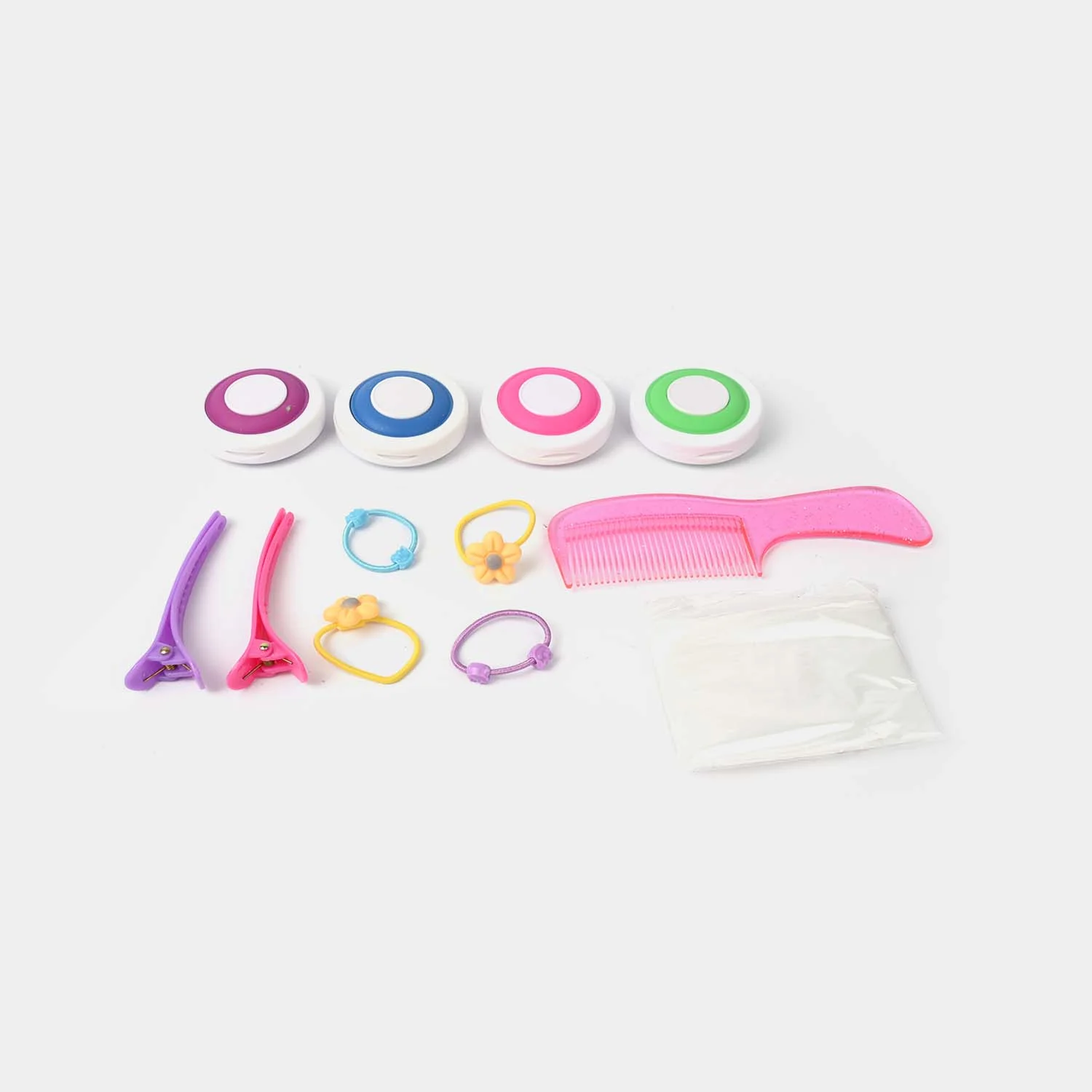 Hair Styling & Accessories Set open view - colour pots, comb, hair ties and clips