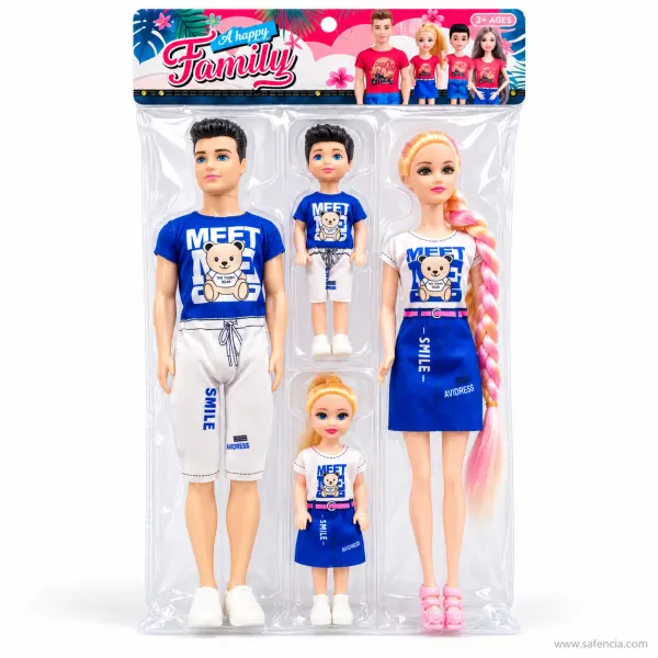 A Happy Family Doll Set of 4: Father, Mother, Son and Daughter (Blue or Pink Outfits)