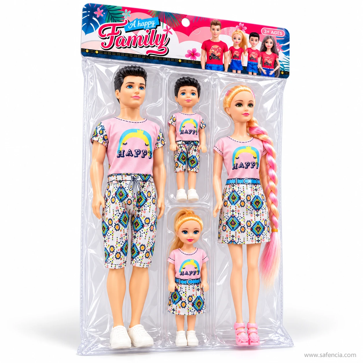 A happy Family doll set of 4 in pink HAPPY rainbow T-shirts and patterned shorts and skirts on a clear tray