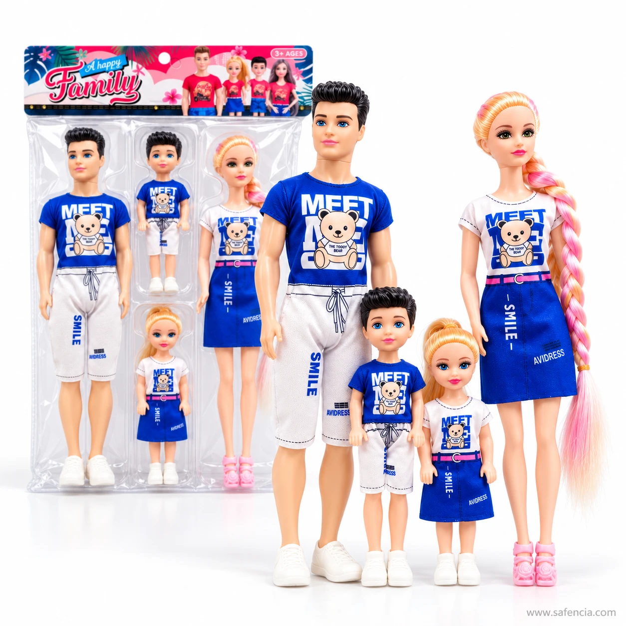 Father, mother, son and daughter dolls in blue teddy print outfits standing together in front of their pack