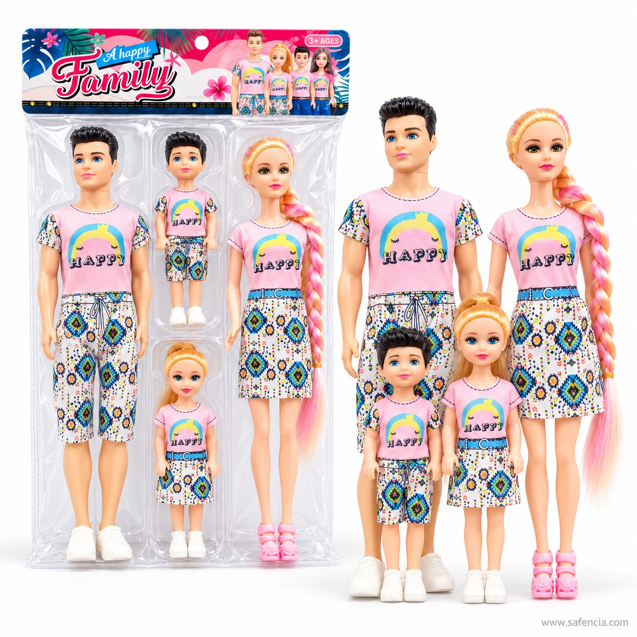 Four Happy Family dolls in matching pink HAPPY T-shirts standing beside their pack, parents behind and children in front