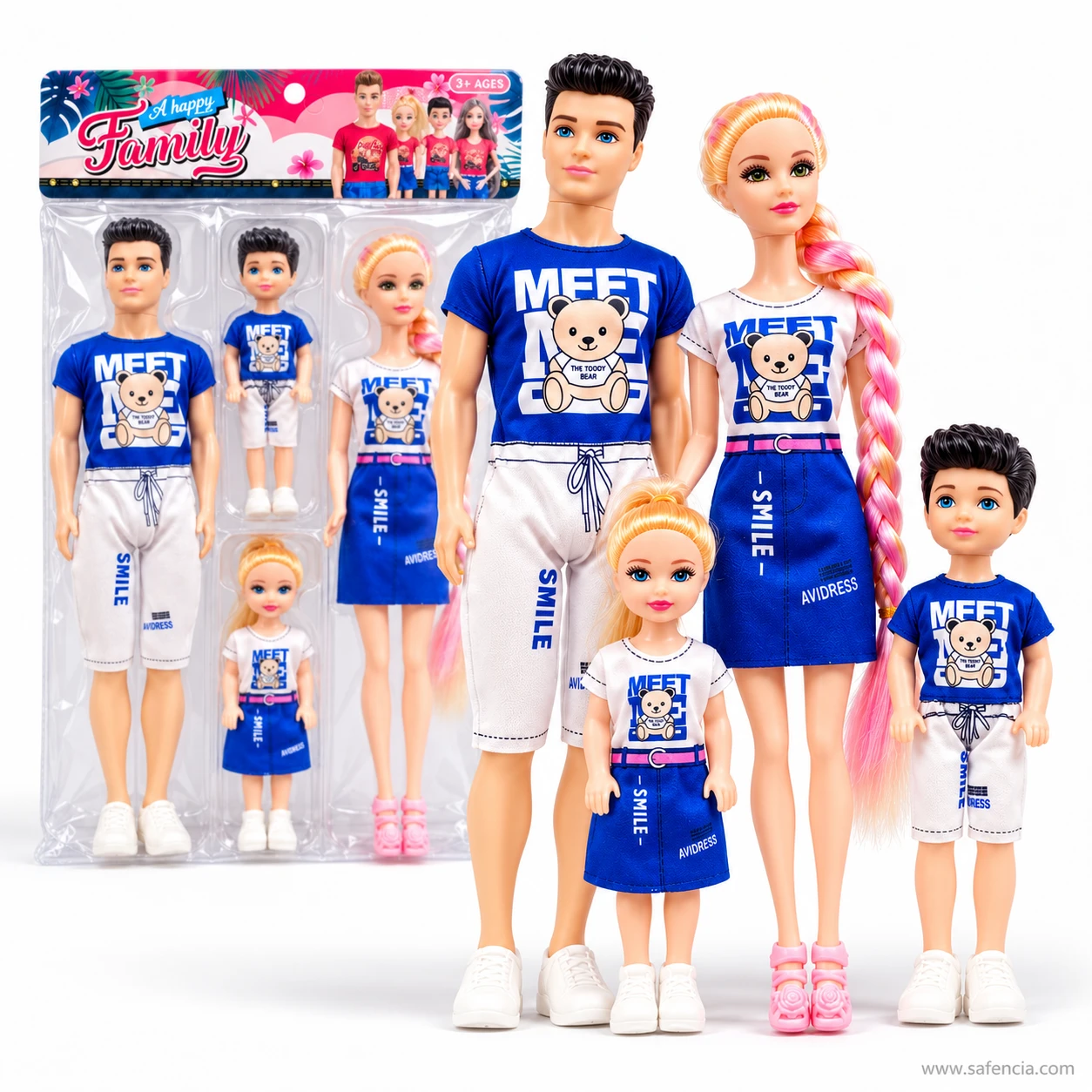 Father doll in a blue MEET ME teddy T-shirt beside the mother with a long blonde and pink braid and their two children