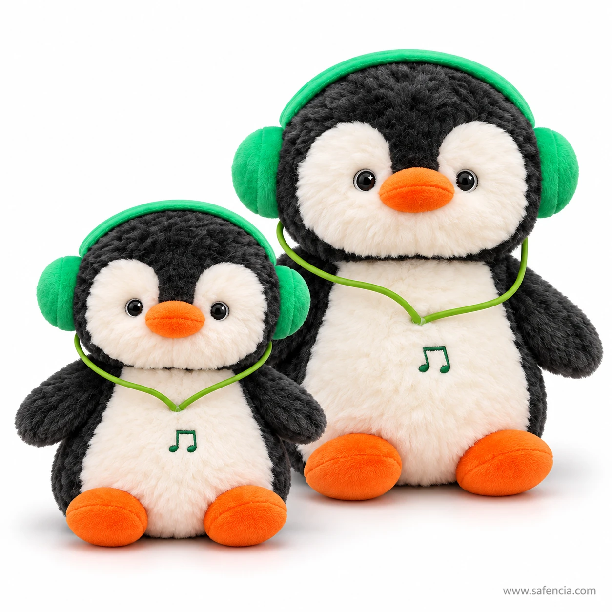 Small 30 cm headphone penguin plush sitting in front of the bigger 40 cm penguin