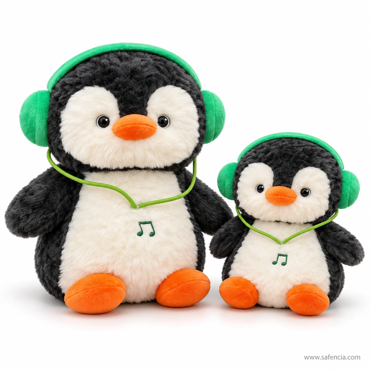Headphone penguin plush in 40 cm and 30 cm sizes sitting side by side for size comparison