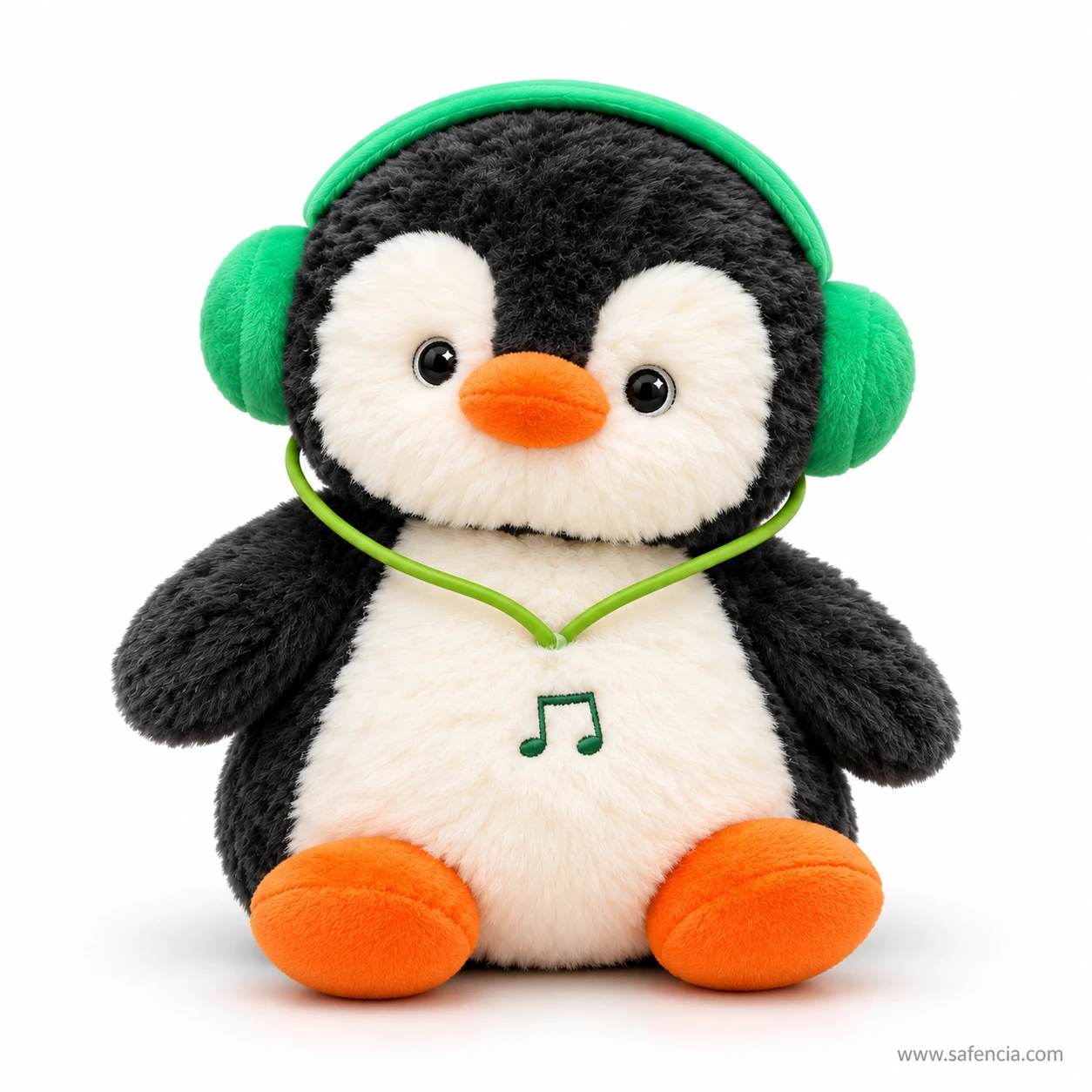 Headphone penguin plush turned slightly, showing the music note and its big orange feet