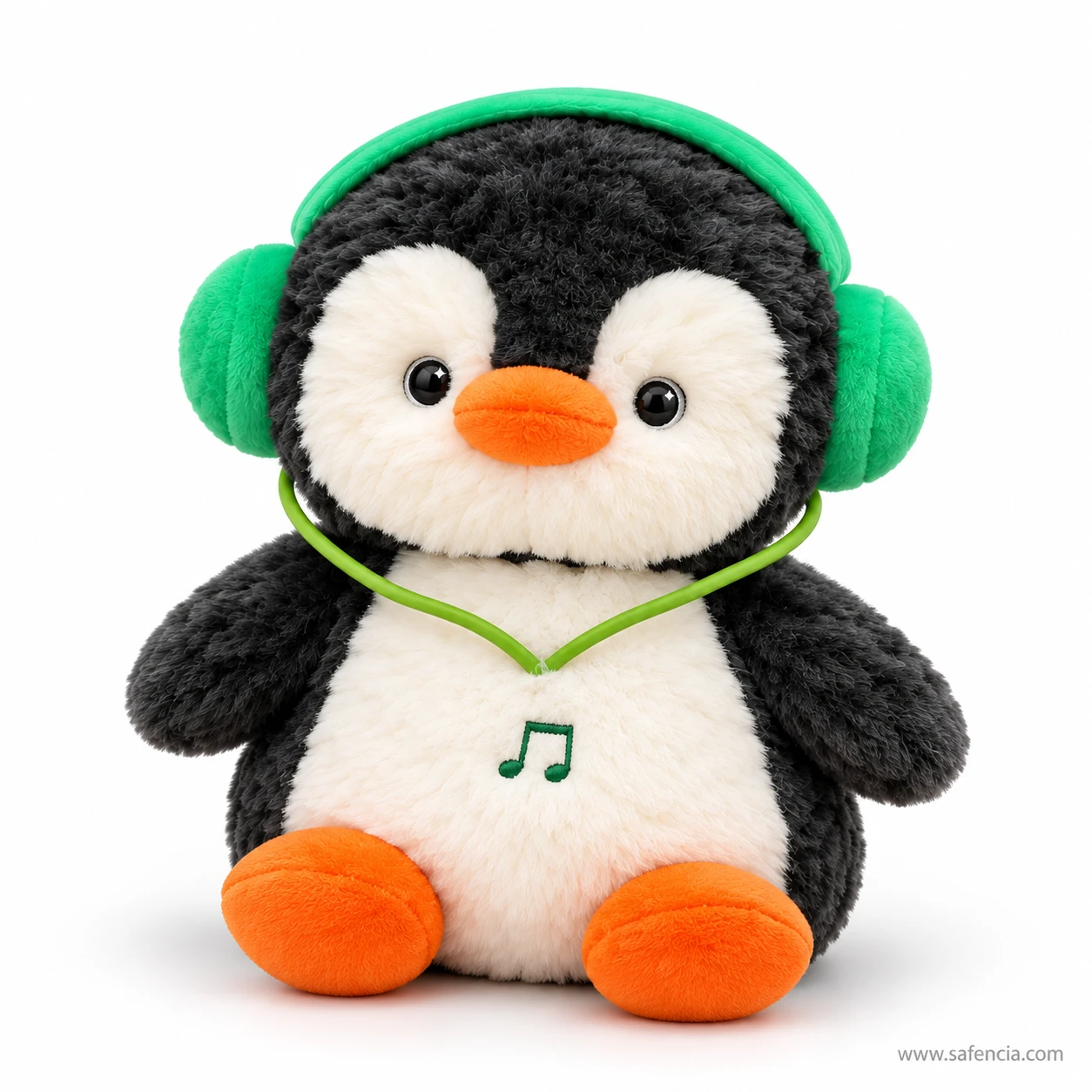 Front view of the headphone penguin plush with an orange beak, black eyes and green headphone cord