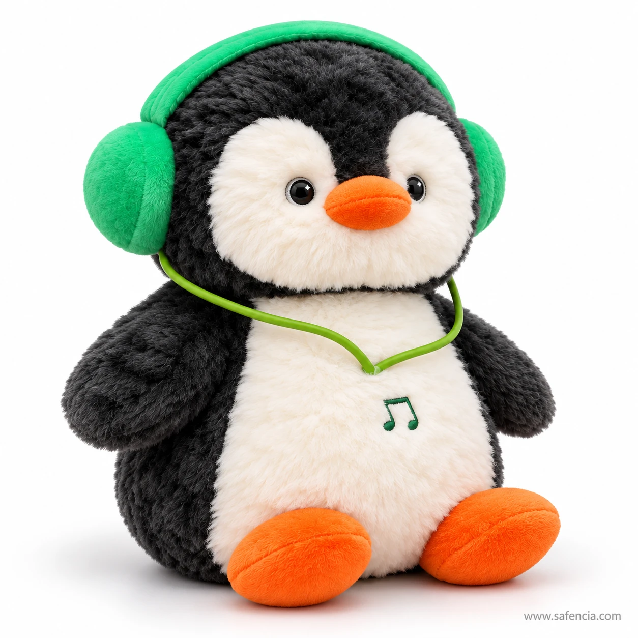 Headphone penguin plush seen at an angle, showing the fluffy black back and green ear cups