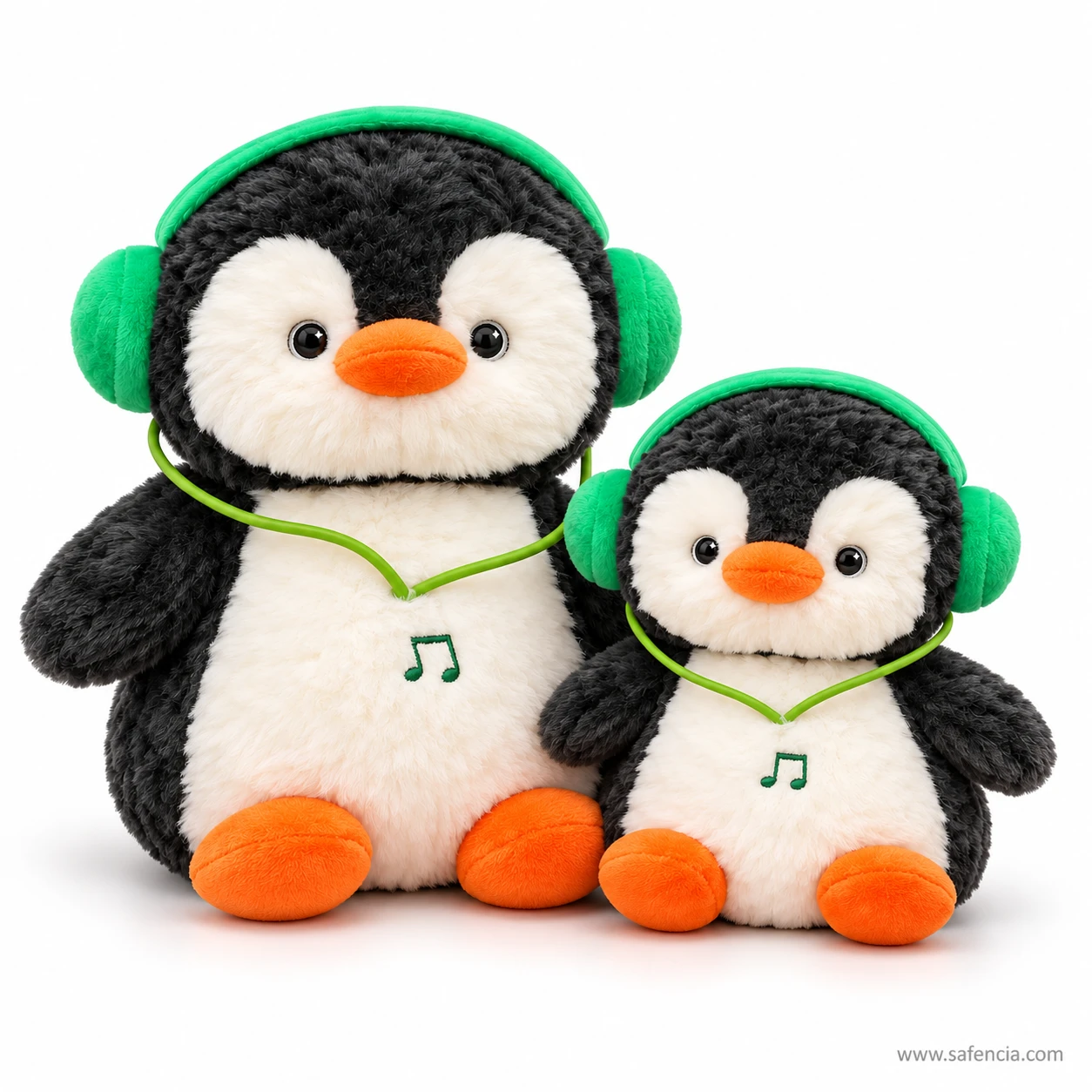 Two headphone penguin plush toys, big and small, both wearing green headphones and orange feet