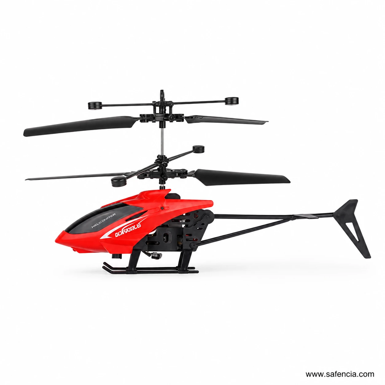 Red JQ-1122 two channel helicopter side view showing twin rotor blades and landing skids