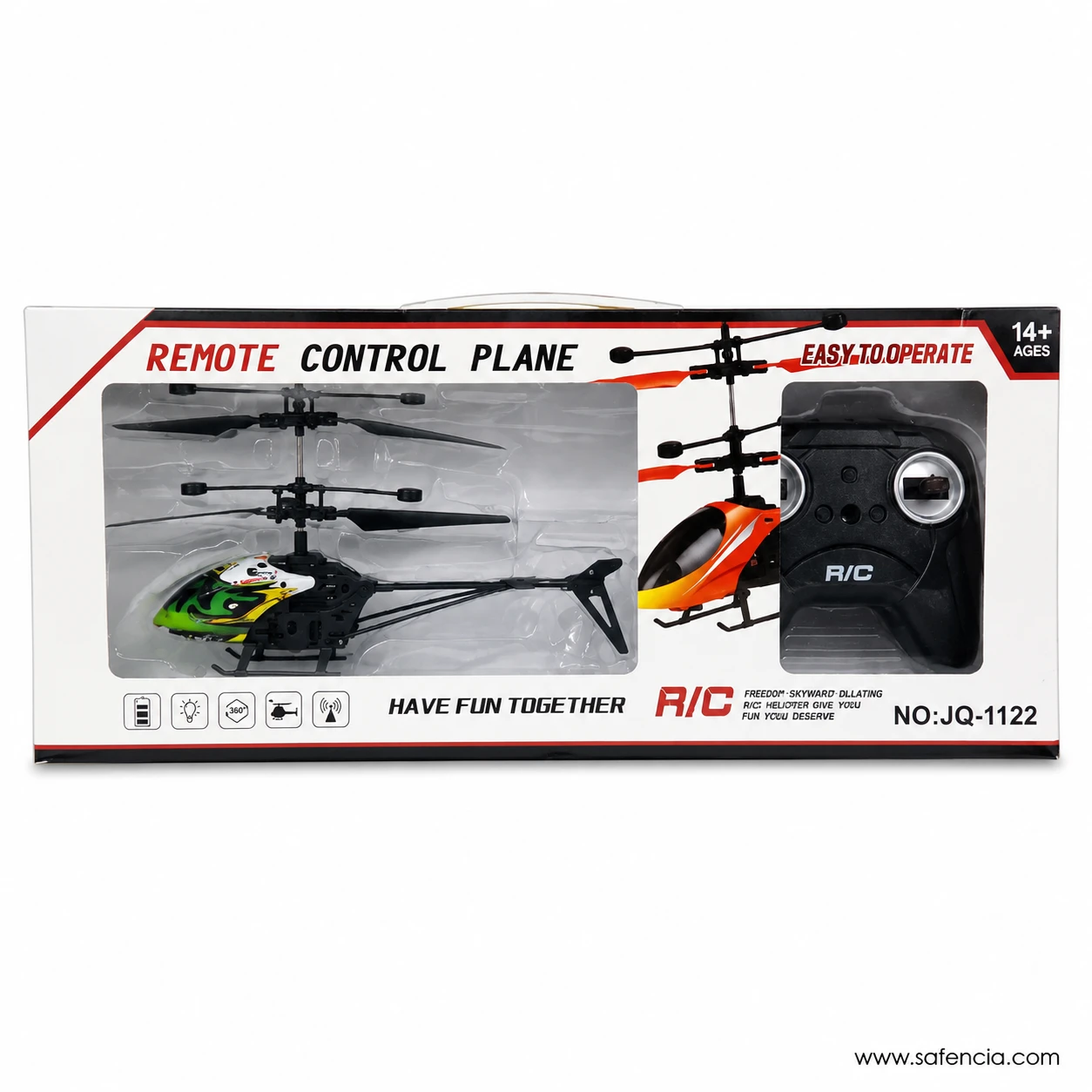 Retail box for the JQ-1122 two channel remote control helicopter showing the green model inside