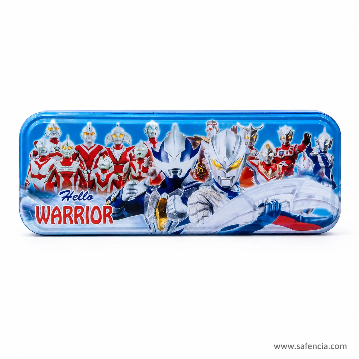 Hello Warrior metal pencil box lid artwork with red WARRIOR lettering