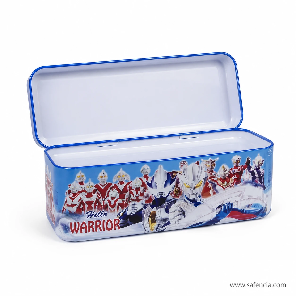 Hello Warrior metal pencil box open showing one deep empty compartment