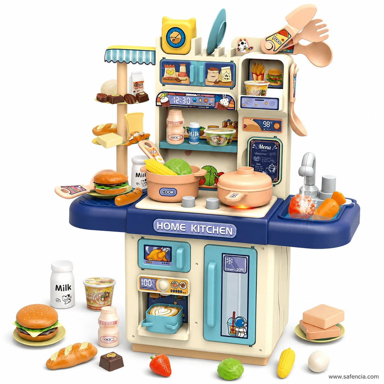 Front view of the Home Kitchen play set showing the worktop badge, hob rings, cupboards and printed panels