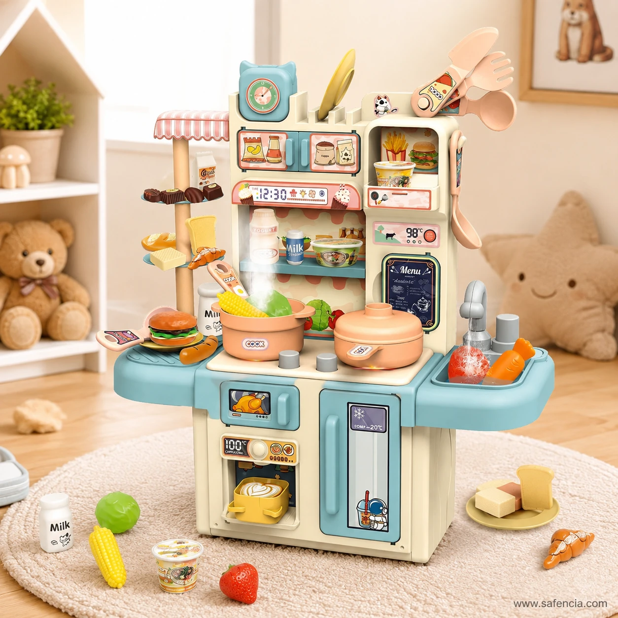 Teal Home Kitchen play set standing on a rug in a child's playroom with pretend food spread around it