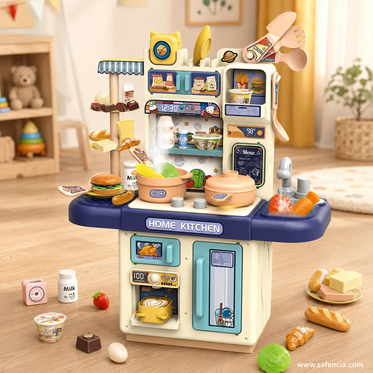 Home Kitchen play set in a playroom showing steam at the hob and vegetables in the sink under the arched tap