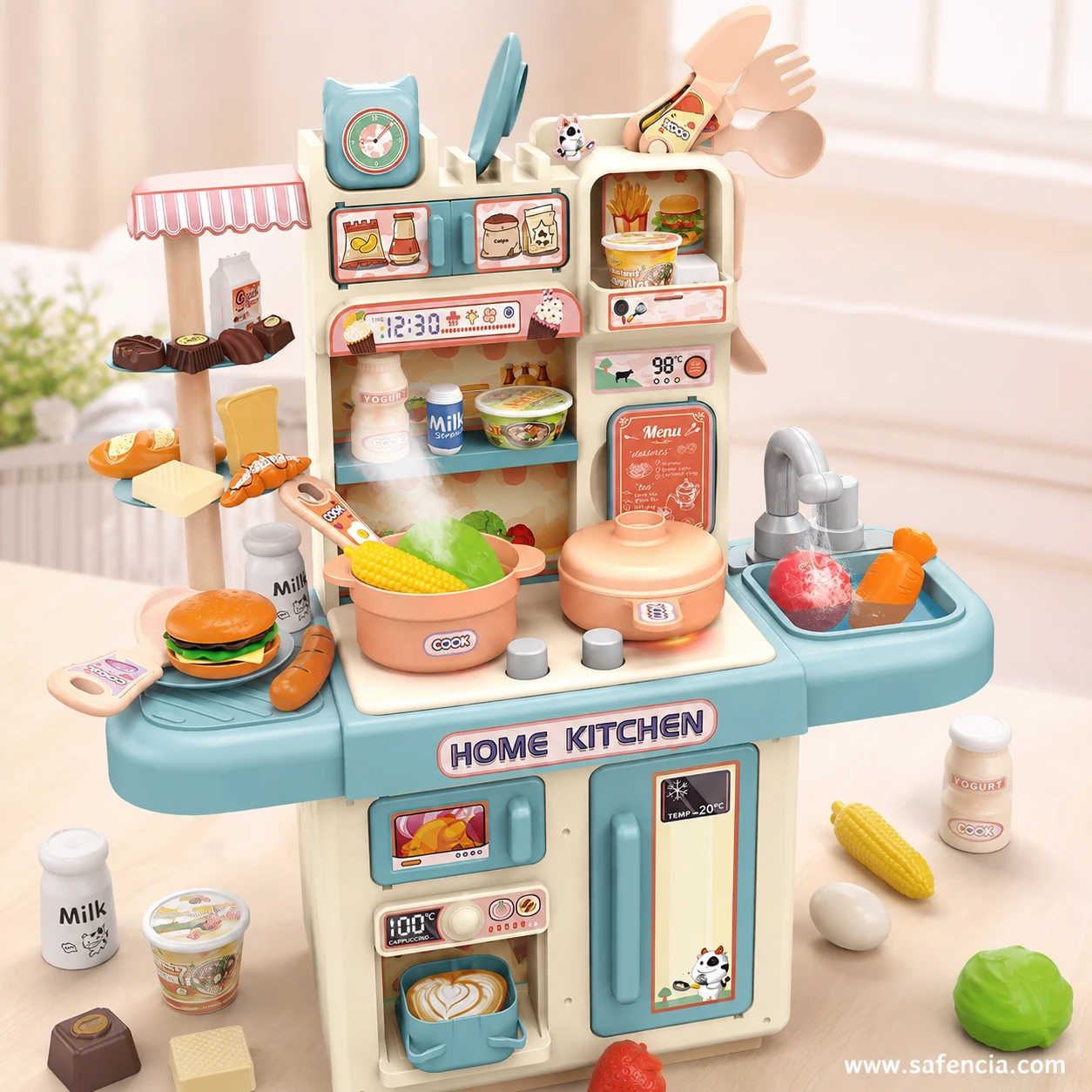 Teal and pink version of the Home Kitchen play set showing the same awning, menu board and printed panels